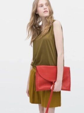 Zara Red Leather Cotton Lined Envelope Clutch